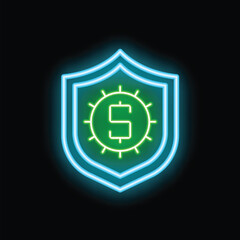 Poster - Glowing neon shield protecting dollar sign on black background, concept of financial security and protection