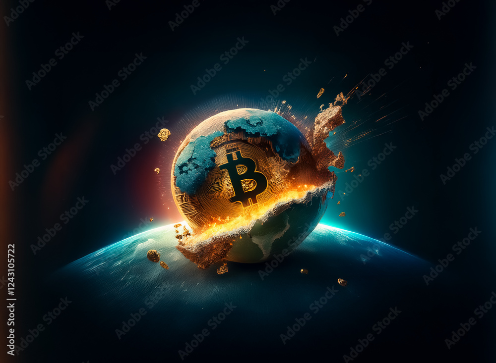 World globe with a Bitcoin symbol is fracturing and exploding with a ...