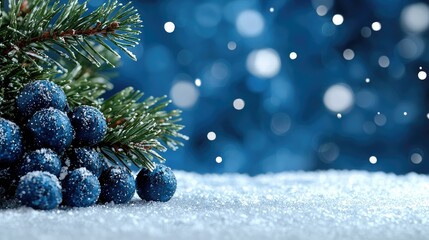 Wall Mural - Snowy winter berries and pine branch on snow. Holiday card background