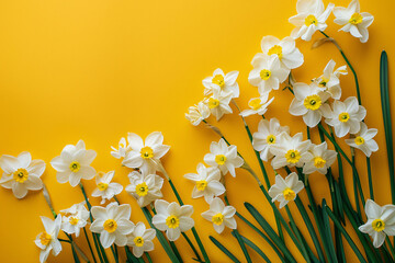 Poster - White daffodil bouquet on a sunny yellow backdrop with blank space for text