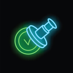 Poster - Neon stamp leaving a glowing check mark symbol, representing approval, validation, and verification