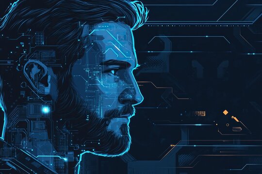 Abstract background with digital brain and circuit board, artificial intelligence concept. Vector illustration, stock photo contest winner, vector graphics, on dark blue background, high resolution. -