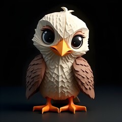 Stylized paper eagle chick, origami-inspired animal art, geometric patterns, big eyes, cute cartoon character, brown and white feathers, 3D papercraft, black background, detailed textures, playful pos