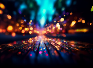 Wall Mural - abstract bokeh lights create a vibrant and dynamic scene. blurred colorful dots of light in blue, or