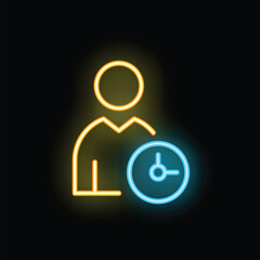 Poster - Neon icon of businessman standing with clock, symbolizing time management and efficiency in business
