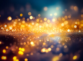 Wall Mural - abstract image with golden bokeh lights scattered on a dark blue backdrop, creating a dreamy, magica