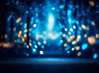 Wall Mural - a blurry, dreamy background with blue and gold bokeh lights creates a magical atmosphere, suggesting