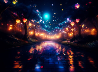 Wall Mural - a dreamy night scene unfolds with a lantern-lit path weaving through trees, their warm glow mirrorin