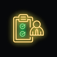 Poster - Neon glowing icon of a businessman standing next to a clipboard with a checklist on it, symbolizing task completion
