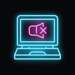 Poster - Neon icon of a laptop displaying a muted speaker icon on its screen