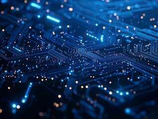 Poster - abstract futuristic digital brain with circuit board lines on blue background, artificial intelligen