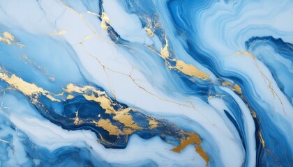 Abstract blue marble texture with gold splashes, blue luxury background 