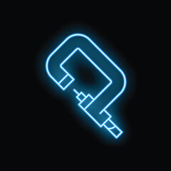 Poster - Blue glowing neon line clamp and tool icon isolated on black background