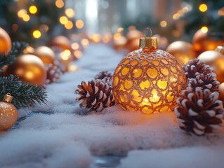 Poster - Christmas ball with candle holiday decor and cheerful atmosphere in realistic photography