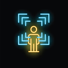 Poster - Neon glowing icon of a man receiving data from multiple sources, representing data analysis and processing