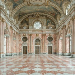 Poster - Large room with ceiling clock and interior niches in realistic photography setting
