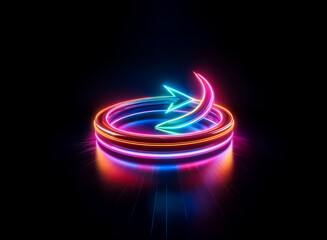 Aufkleber - neon arrow spirals upwards from a glowing circular base against a dark background. vibrant colors il