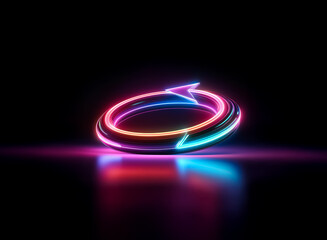 Aufkleber - Vibrant neon circle arrow glows with blue, pink, and orange hues against a dark backdrop. The light reflects below on the surface, creating a futuristic and dynamic scene.