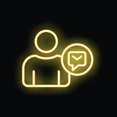 Poster - Bright yellow neon icon of a person with a speech bubble containing an envelope glowing on a dark background