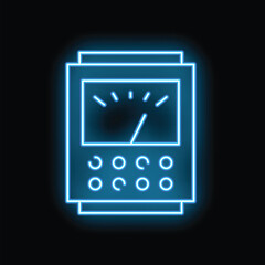 Poster - Glowing neon line electrical measuring instrument icon isolated on black background analog devices digital meter blue electric meter icon vector illustration