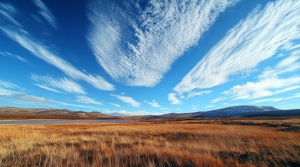 Aufkleber - Expansive plains stretch towards distant mountains, where golden grasses meet a serene lake. Fluffy clouds create an ethereal overhead pattern, highlighting the beauty of nature during daylight