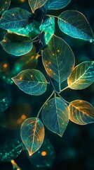 Poster - A mesmerizing arrangement of leaves glistens with an enchanting glow, showcasing hues of blue and gold as twilight casts a mystical ambiance in the forest. Nature reveals its hidden beauty