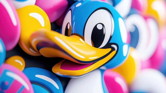 Close Up of a Playful Cartoon Duck Toy Among Colorful Shapes