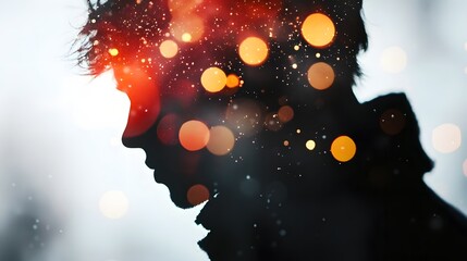 Poster - Dramatic and Evocative Portrait Silhouette Backlit by Glowing Ethereal Lighting in a Mysterious Surreal Night Sky Background  Captures a Sense of Fantasy Imagination and Introspective Contemplation