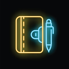 Poster - Neon icon of a notebook with a pen glowing yellow and blue on a dark background