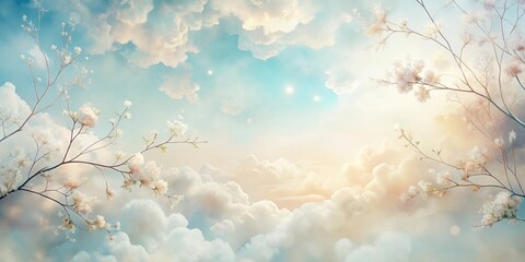 Wall Mural - Serene Dreamscape White Blossoms Adorn a Pastel Sky with Soft Clouds and Gentle Light