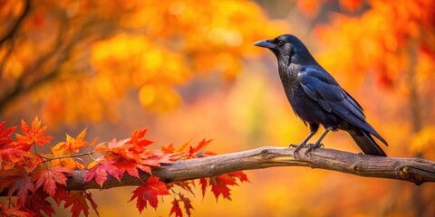 Wall Mural - A solitary black bird perched on a branch amidst a vibrant autumnal backdrop of fiery red and orange leaves.