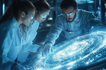 Aufkleber - Scientists collaborate, examining a swirling, luminous digital display, possibly representing data or a complex system.