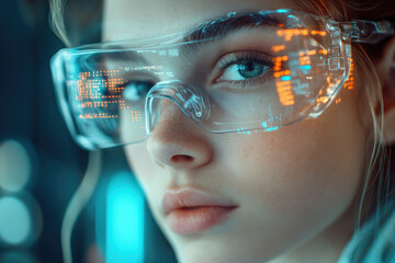 Poster - Woman wearing futuristic transparent smart glasses displaying digital data.