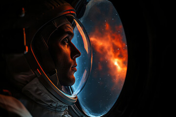 Poster - An astronaut gazes out at a fiery nebula from a spaceship porthole, contemplating the vastness of space.