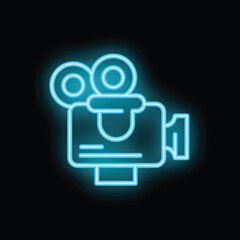 Poster - Neon sign representing a movie camera glowing on a black background