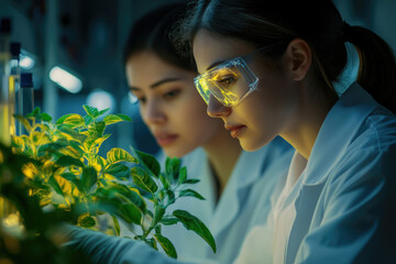 Poster - Two female scientists meticulously examine a plant in a lab setting, focusing on its growth and health.