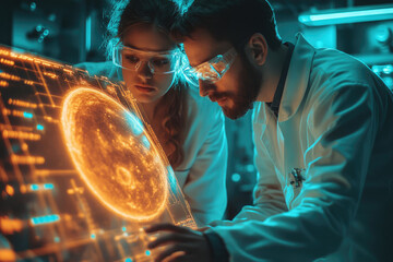 Aufkleber - Two scientists in lab coats examine a glowing holographic image of a cell, likely conducting research or analysis.