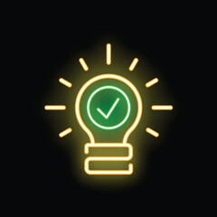 Poster - glowing neon lightbulb with a check mark inside symbolizing a validated idea on a dark background