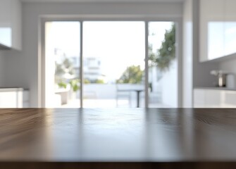 Poster - Empty wooden table top on blurred bright kitchen background