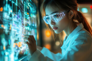 Aufkleber - A female scientist in safety glasses interacts with a futuristic holographic interface, analyzing complex data streams.