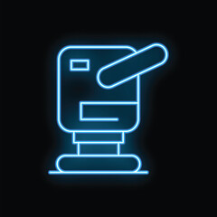 Poster - Blue neon icon of a robotic arm moving a package, representing automation in the shipping and logistics industry