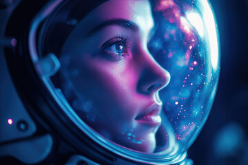 Poster - A female astronaut's face, illuminated by vibrant neon lights, gazes into the vast cosmos.
