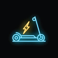 Poster - Glowing neon line icon representing an electric scooter, isolated on a black background