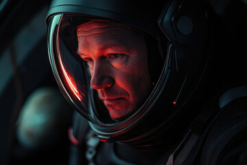 Poster - A close-up of an astronaut's face, illuminated by an eerie red glow, within a dark spacecraft.