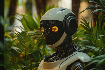 Poster - A futuristic robot with glowing eyes, partially hidden in lush green foliage.