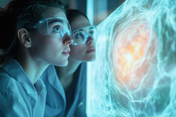 Poster - Two female scientists in lab coats examine a glowing, intricate neural network displayed on a screen.