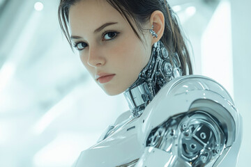 Aufkleber - A female humanoid robot, seamlessly blending human-like features with advanced robotic mechanics, stares intently.