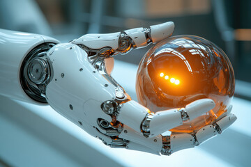 Aufkleber - A robotic hand gently cradles a glowing amber sphere, symbolizing technological advancement and futuristic innovation.