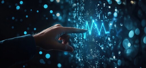 Poster - Businessman touching glowing blue line graph on digital background visualizing data for innovation
