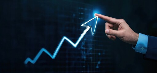 Poster - Businessman touching growth arrow with rising line chart and hologram